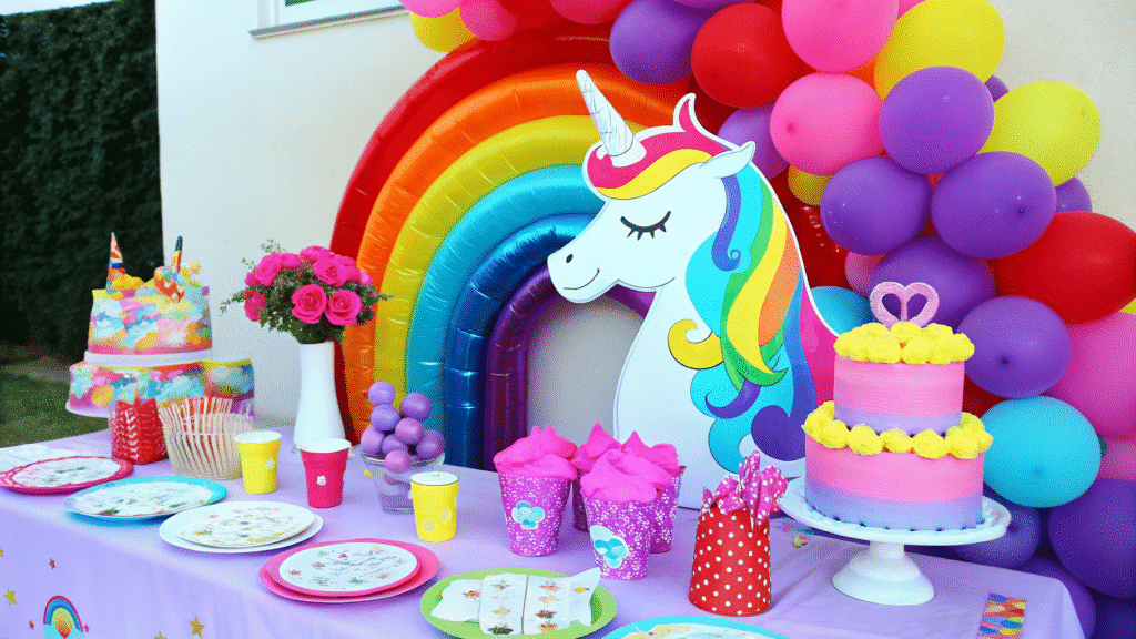 The image features a vibrant unicorn birthday party setup, showcasing a colorful array of unicorn decorations, including pastel balloons, themed plates, cups, and napkins. A giant unicorn balloon serves as the centerpiece, while a magical backdrop and personalized party favors enhance the enchanting atmosphere of this whimsical celebration.