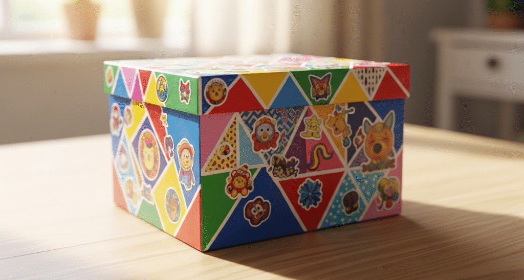 The image showcases a colorful upcycled box transformed into a decorative container, featuring geometric shapes and vibrant designs made with acrylic paint, scrap paper, and stickers. This creative project is a fun way to recycle materials and organize small items, perfect for adding a personal touch to any space.