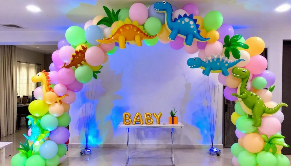 A vibrant dinosaur balloon arch featuring a mix of pastel colors and dinosaur-themed balloons creates a festive atmosphere for a baby shower. Placed prominently near the food table, this eye-catching decoration enhances the party's theme and adds a playful touch.