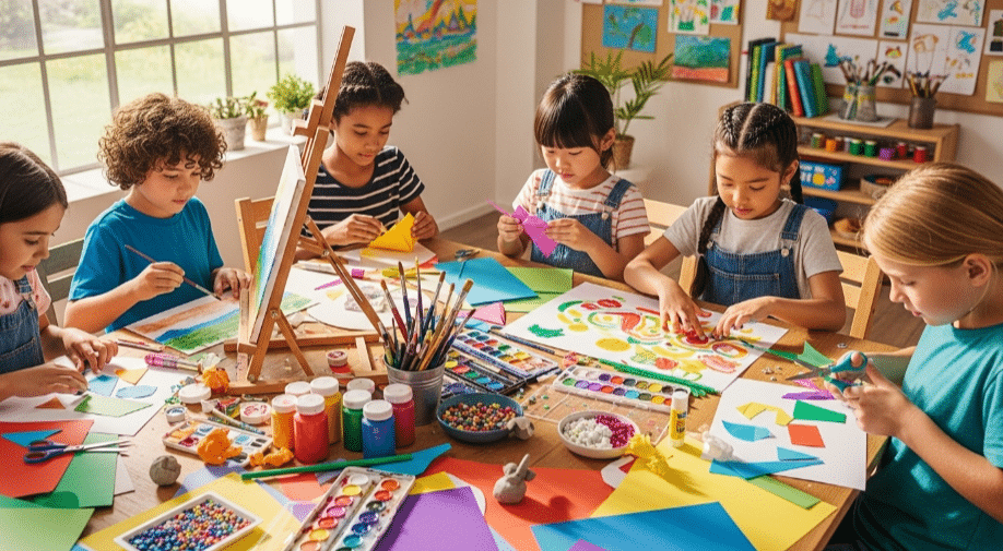 An engaging image depicting children participating in various arts and crafts activities, showcasing their creativity and self-expression. The scene highlights kids using different art materials like paints and paper, fostering important life skills such as problem solving and fine motor skills while promoting emotional well-being and confidence through the joy of creating art.