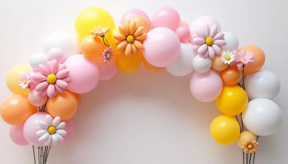 The image features a vibrant daisy balloon arch, showcasing a delightful arrangement of colorful daisy-themed balloons that create a festive atmosphere for any party or event. This eye-catching balloon arch kit offers a fun and super easy way to enhance your decor, making it perfect for special occasions.