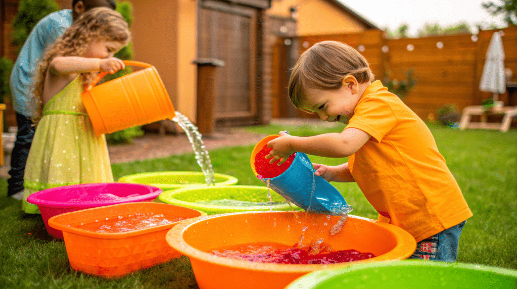 The image shows children engaging in various water play activities, including splashing in a kiddie pool, pouring water from buckets, and experimenting with colorful food coloring in plastic bowls. This scene highlights the joy of sensory play, as kids explore the benefits of water play while developing their motor skills and social interactions.