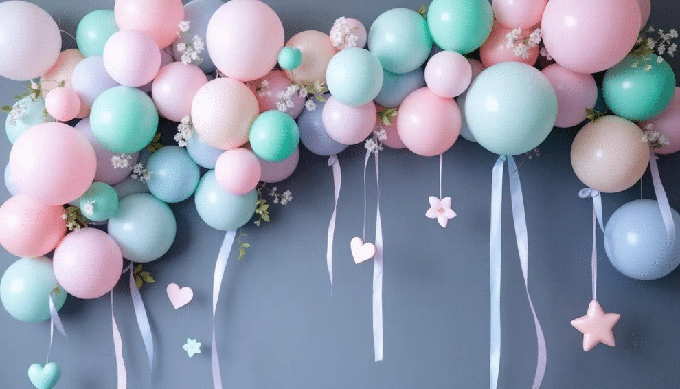 Whimsical Balloon Decorations The image features a vibrant and whimsical DIY balloon garland, showcasing an array of pastel-colored balloons in various shapes and sizes, including round and heart-shaped. This enchanting decoration is draped along a wall, creating a joyful atmosphere perfect for a birthday party or any festive celebration.