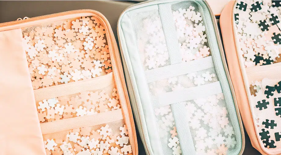 Various zippered pouches filled with puzzle pieces, showcasing puzzle storage ideas.