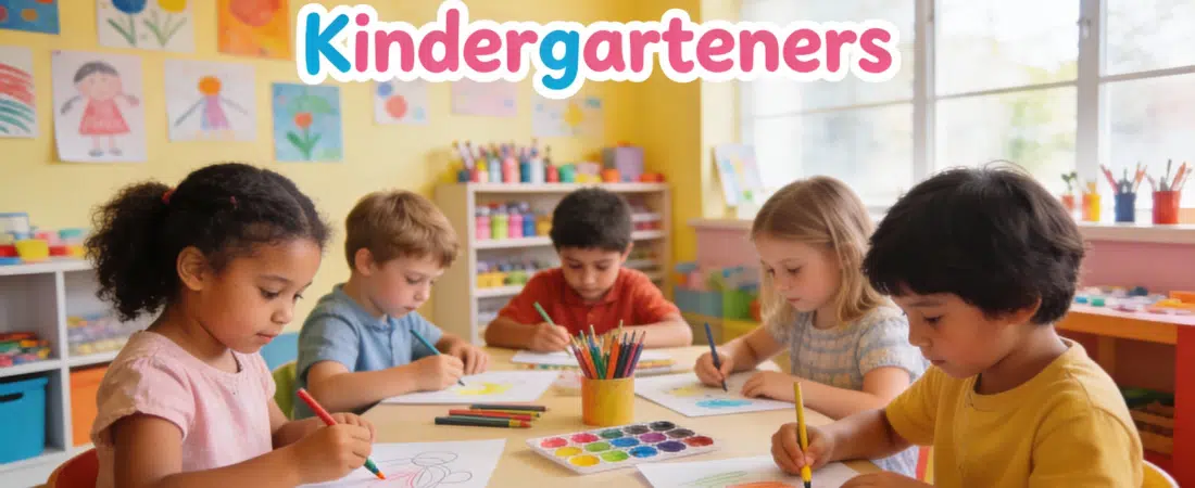 Five young children sit around a table in a colorful classroom, drawing and coloring with crayons and markers. Art supplies and children’s drawings decorate the room, highlighting our fun art classes for kindergarteners. Text reads: Art Classes for Kindergarteners.