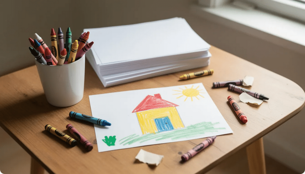 The image depicts a simple art station featuring a cup filled with crayons, a stack of blank paper, and a colorful child's drawing of a house, showcasing the creativity and fine motor skills of preschoolers. This fun activity encourages children to engage with art supplies and express themselves through drawing.