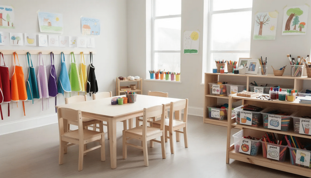 Art Studio Classroom The image depicts a bright art studio classroom designed for young artists, featuring low wooden tables, colorful aprons hanging on hooks, and bins of art materials labeled with pictures to aid in art education. This inviting space encourages creativity and self-expression through various art projects and hands-on experiences for kids of all skill levels.