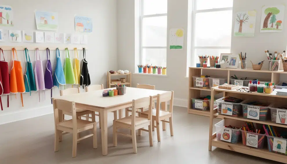 The image depicts a bright art studio classroom designed for young artists, featuring low wooden tables, colorful aprons hanging on hooks, and bins of art materials labeled with pictures to aid in art education. This inviting space encourages creativity and self-expression through various art projects and hands-on experiences for kids of all skill levels.