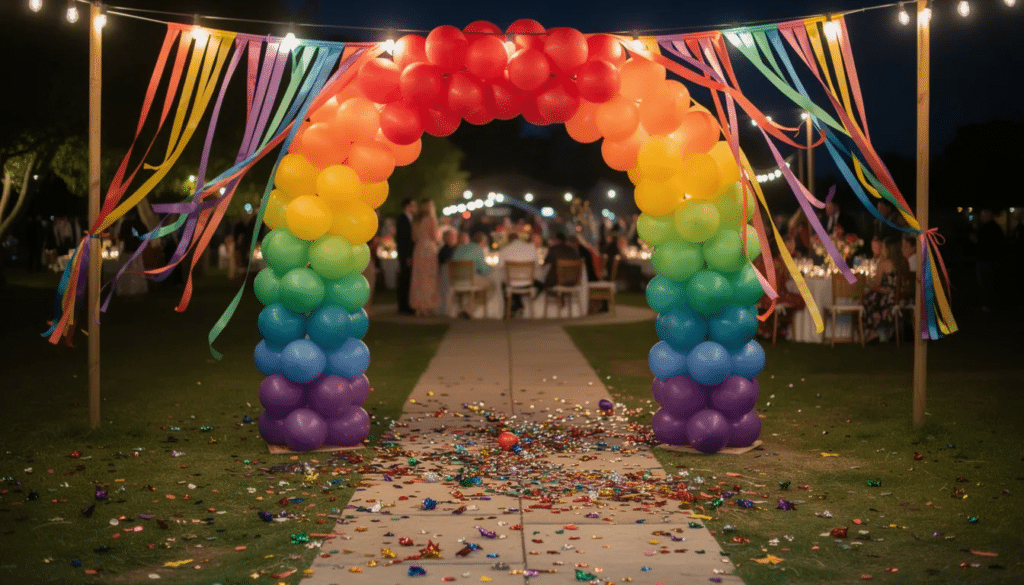 Balloon Arch Colored A vibrant balloon arch adorned with colorful balloons creates a festive entrance to a party, complemented by streamers and confetti, setting the perfect scene for celebrations such as birthday parties or garden events. This eye-catching balloon decor adds a fun and imaginative touch, inviting guests to enjoy the festivities.