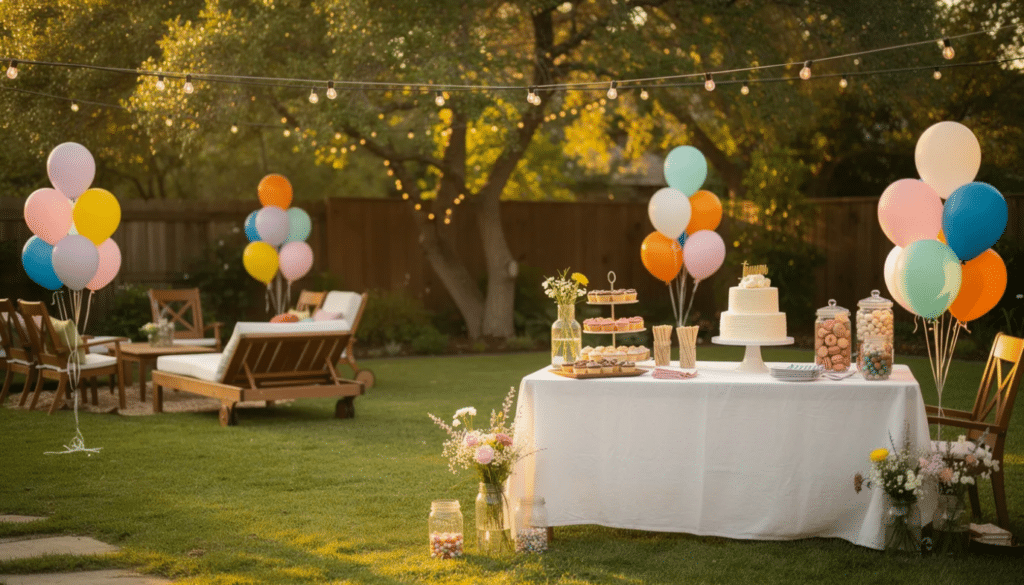 Balloon Garden The image features a beautifully decorated backyard birthday party setup, complete with twinkling fairy lights, vibrant balloons, and an enticing dessert table filled with cupcakes and snacks. This festive scene creates a fun atmosphere for kids and adults alike, perfect for celebrating a special occasion with friends and family.