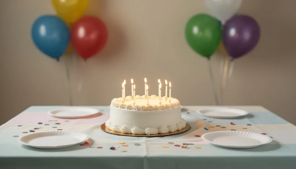 A simple birthday cake adorned with colorful candles sits on a decorated table, surrounded by festive balloons in the background, creating a cheerful atmosphere perfect for a children's birthday party. This scene showcases inexpensive birthday party ideas, emphasizing a fun and inviting celebration space.