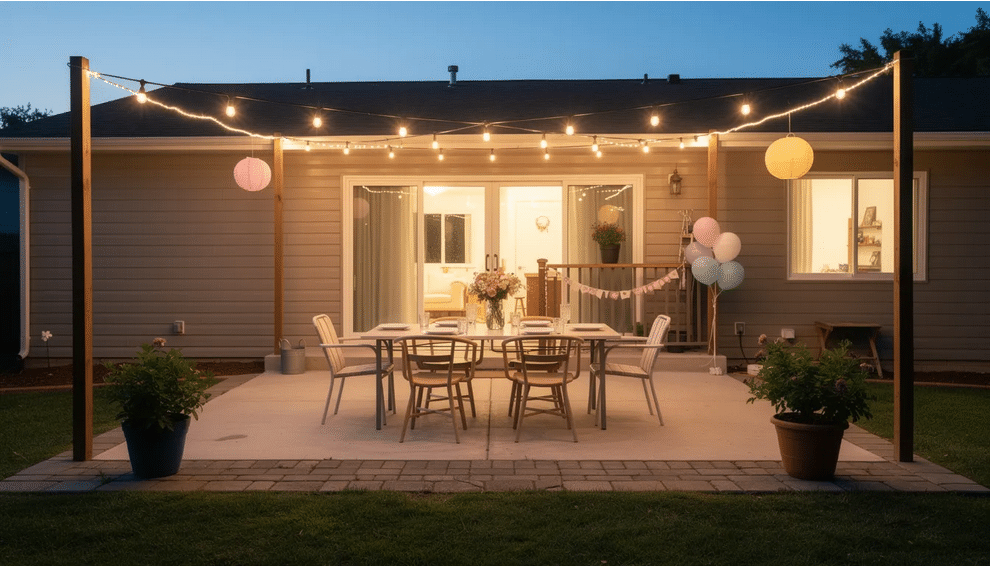 The image depicts a cozy backyard patio setup at a ranch-style home, adorned with string lights and simple party decorations, perfect for a children's birthday party. This inviting space showcases inexpensive birthday party ideas, creating a festive atmosphere ideal for celebrating with friends and family.