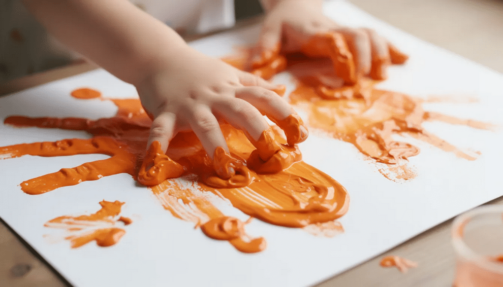 Bright Orange Paint A small child's hands are pressing into bright orange paint on a piece of paper, creating a fun and colorful Halloween craft. This activity not only fosters creativity but also helps practice fine motor skills, making it a delightful way to celebrate the spooky season.