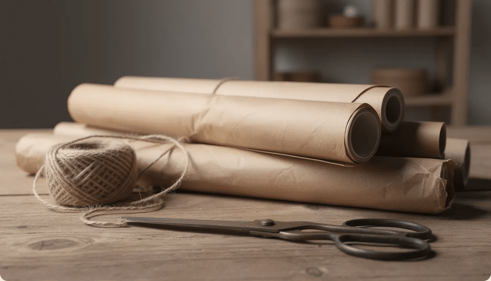 The image features rolls of brown kraft paper neatly arranged on a gift wrapping station, accompanied by twine and a pair of scissors, suggesting a perfect setup for creating handmade cards or preserving memories through thoughtful gift wrapping projects. The natural texture of the paper adds a touch of sophistication to the crafting materials.