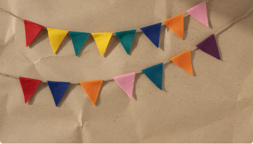 The image features colorful felt triangles arranged as bunting on a kraft paper background, creating a cheerful and festive atmosphere ideal for a handmade birthday card. This cute idea showcases vibrant colors and textures, perfect for celebrating special occasions with friends and family.