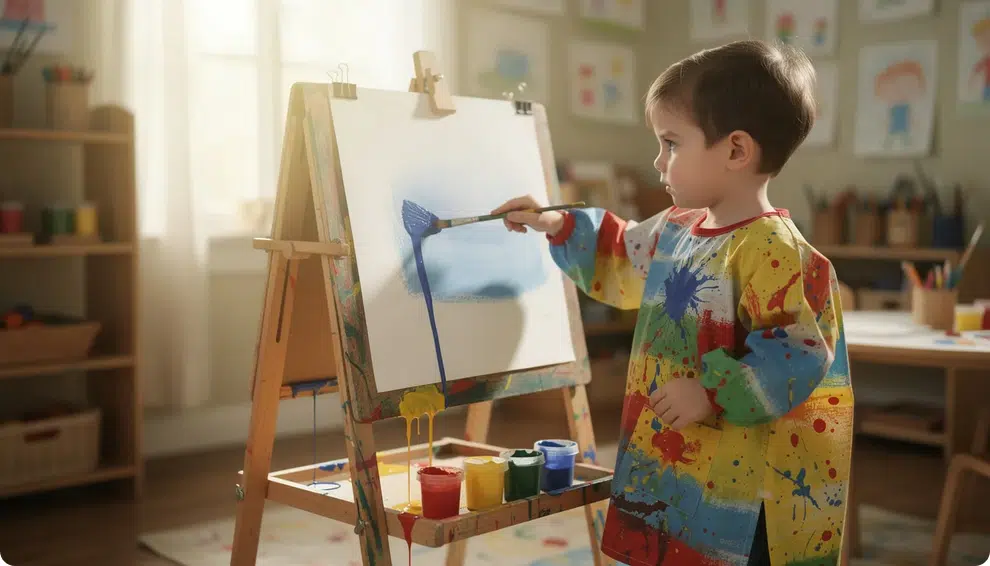 A young child wearing a colorful smock stands at a low easel, holding a paintbrush and surrounded by bright paint colors, showcasing their creativity in an art class. This hands-on experience helps develop fine motor skills and encourages self-expression as they explore various painting techniques.