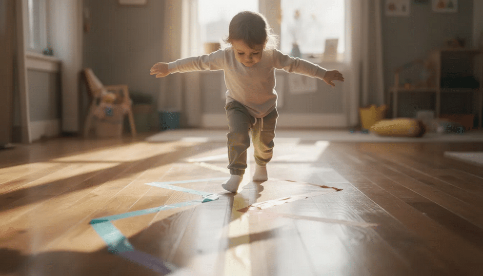 A young child is carefully walking along a colorful tape line on a wooden floor, arms outstretched for balance, engaging in a fun activity that promotes fine motor skills and movement games. The vibrant colors of the tape create an inviting space for preschoolers to practice their balance while playing.