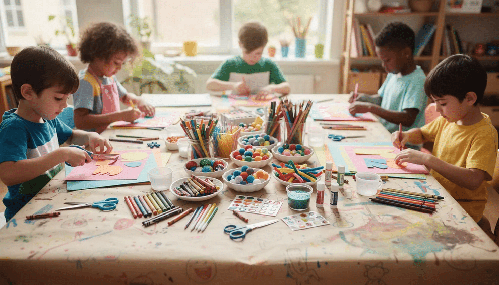 Children Crafting A vibrant array of colorful craft supplies is spread across a paper-covered table, where children are joyfully engaged in creating their projects, showcasing the fun and creativity typical of a kids birthday party. This scene captures the essence of a celebration filled with laughter and lasting memories, perfect for younger children and their friends.