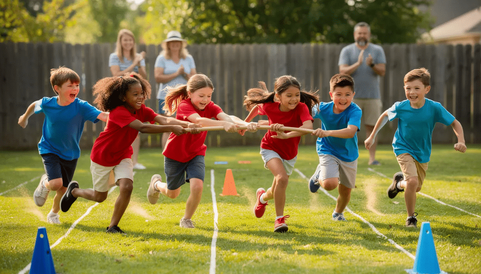 Children Racing A group of children wearing colorful team shirts enthusiastically participates in a backyard relay race, embodying the joy and excitement of a kids' birthday party. The scene captures the spirit of fun and friendly competition, perfect for creating lasting memories during outdoor celebrations.