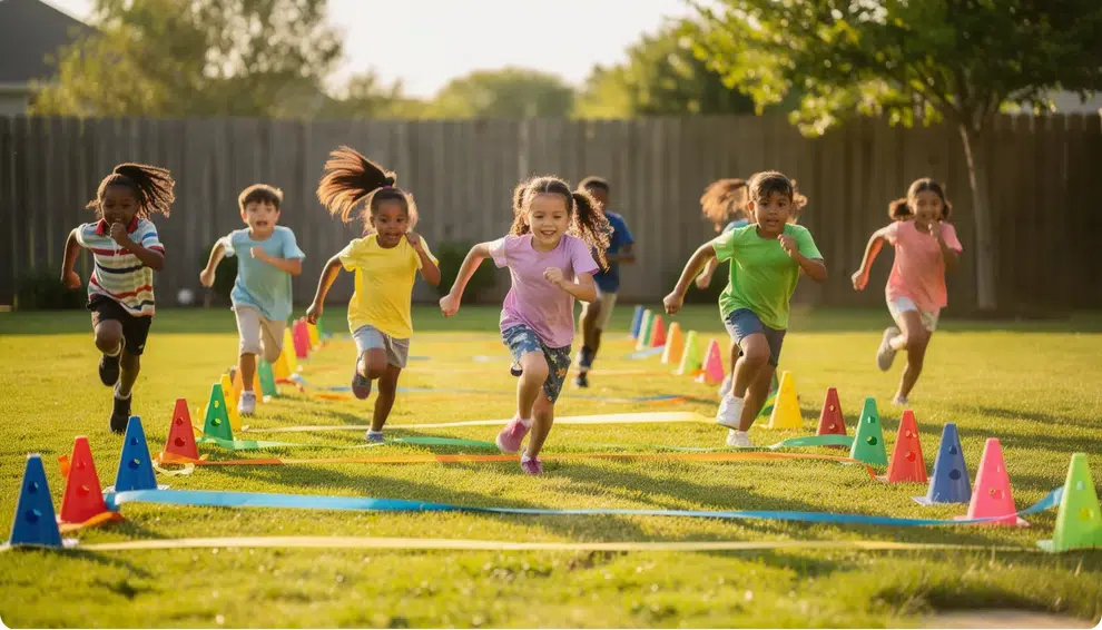 A group of children joyfully racing in a grassy backyard, with colorful cones and ribbons marking their lanes, creating a lively atmosphere perfect for a kids birthday party. The scene captures the excitement and fun of outdoor games, making it a fantastic way to celebrate with friends and create lasting memories.