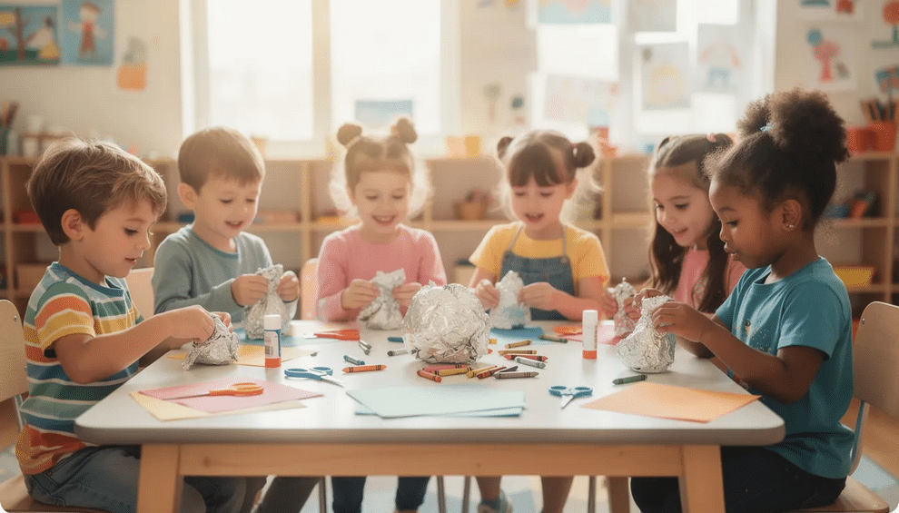 A group of preschool children joyfully work together at a table, creating colorful aluminum foil art projects using foil sheets, paint, and Q-tips. This engaging foil painting activity helps enhance their fine motor skills and hand-eye coordination while allowing their creativity to shine through.