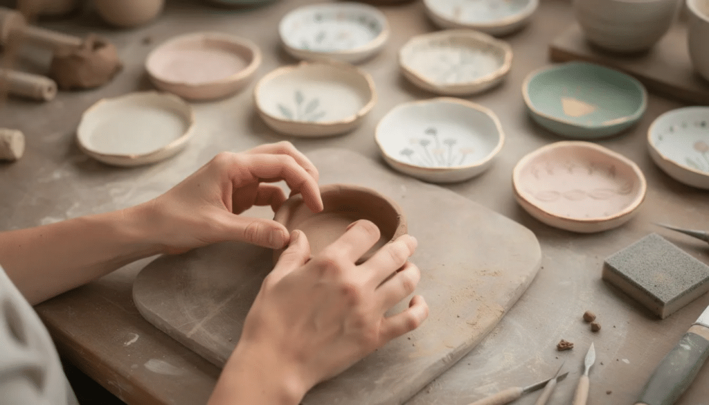 An artisan's hands skillfully shape a small clay dish on a work surface, surrounded by finished painted clay trinket dishes that showcase various techniques and creativity. This scene highlights the beauty of crafting skills and the joy of DIY projects in home decor.