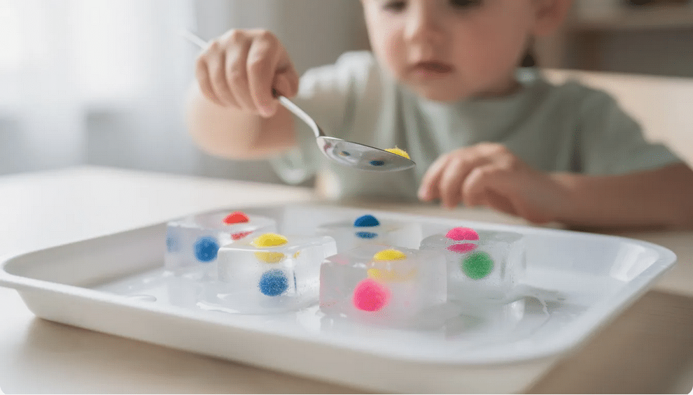 A child is using a spoon to carefully rescue small, colorful pompoms from melting ice cubes in a shallow tray, engaging in a fun activity that enhances their fine motor skills. This playful scene showcases children engaged in a sensory experience, perfect for preschoolers exploring movement games and creative play.
