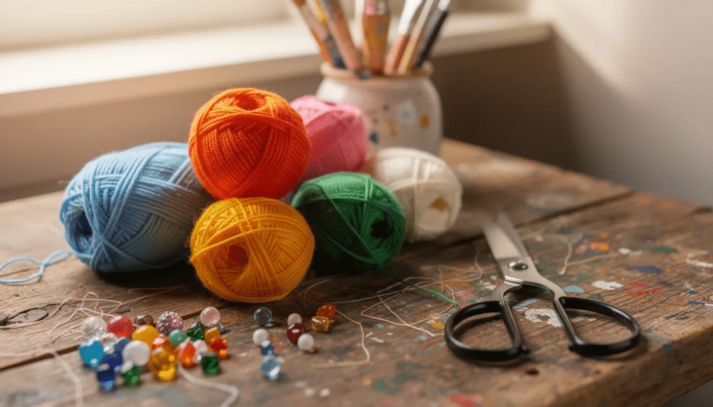 A close-up view of a wooden table showcases an array of craft supplies, including colorful yarn balls, paintbrushes, beads, and scissors, inviting creativity and exploration in various DIY projects and crafting skills. This vibrant collection of raw materials inspires imaginative craft projects and new skills for enthusiasts of all ages.