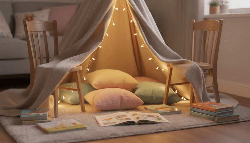 The image depicts a cozy reading nook created with a blanket draped over chairs, filled with soft pillows and an assortment of picture books, inviting children to engage in a fun activity that fosters their fine motor skills and imagination. This warm space encourages toddlers to sit comfortably as they explore stories and develop their vocabulary through play.
