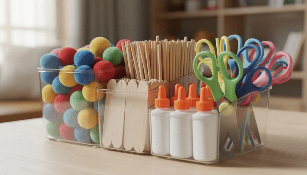 Craft Caddy An organized craft caddy is filled with colorful pom poms, popsicle sticks, glue bottles, and scissors, providing all the materials needed for fun and imaginative play. This setup is perfect for younger kids to boost their creativity and develop fine motor skills through simple crafts.