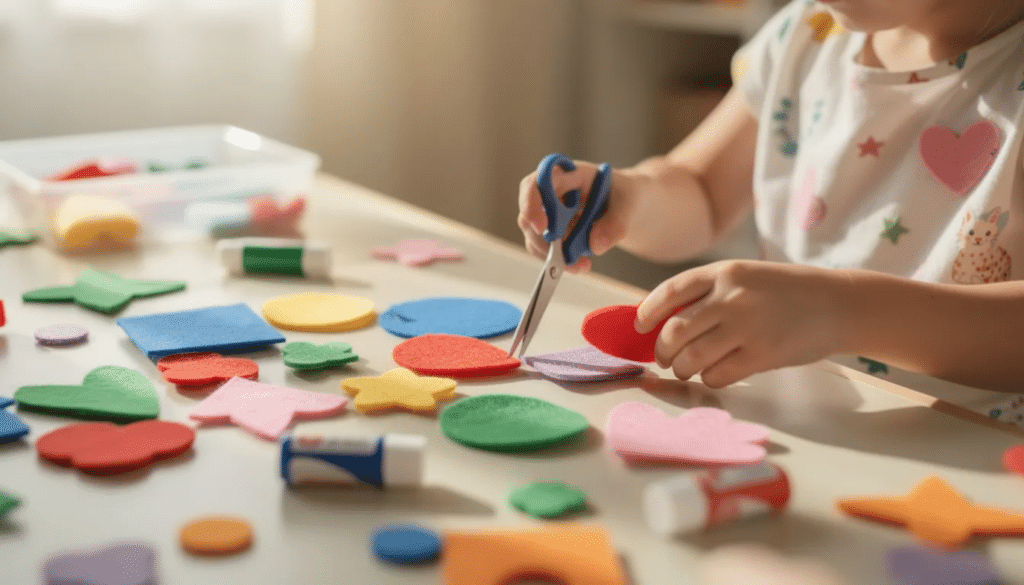 A child's hands are engaged in a craft project, skillfully cutting vibrant felt pieces with safety scissors at a kitchen table. This creative journey showcases the joy of exploring different techniques and materials, inspiring young minds to develop their crafting skills.