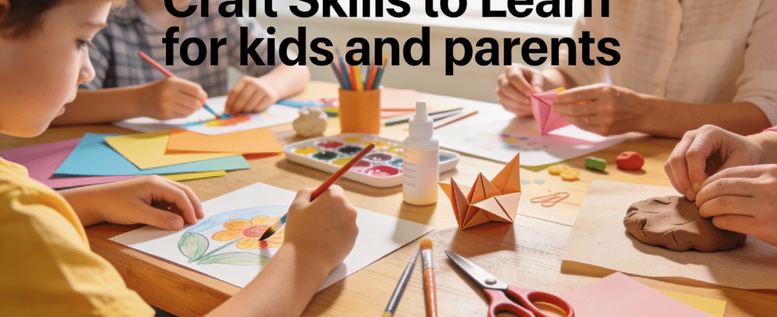 Family making crafts on a table.