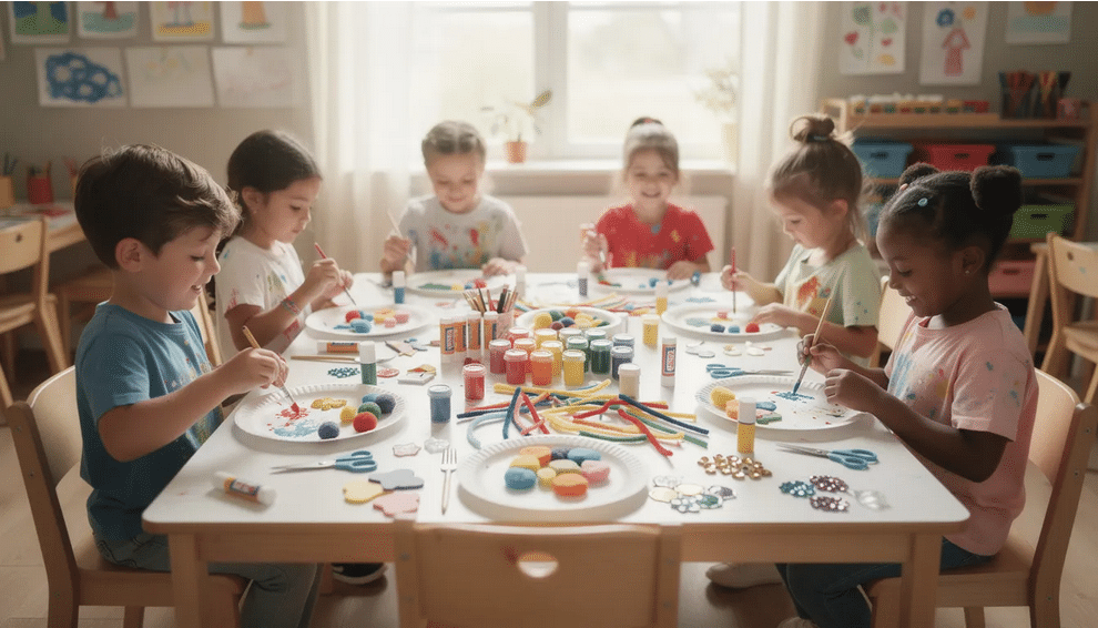 Craft Table A group of children is gathered around a craft table, joyfully working on easy Halloween crafts with paper plates, paint, and a variety of colorful craft supplies. They are engaged in creating fun Halloween designs, showcasing their creativity and practicing fine motor skills in preparation for the spooky season.