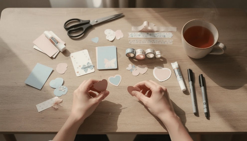 Crafting Scene The image depicts a serene crafting scene where hands are skillfully arranging patterned paper and embellishments on a desk, illuminated by soft lighting. This creative outlet showcases the joy of scrapbooking, a beloved hobby that allows individuals to preserve memories and create keepsakes for future generations.