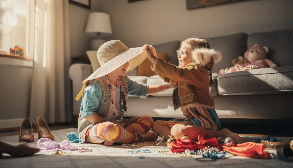 Two young children engage in imaginative play, dressed in colorful dress-up clothes, with one wearing an oversized hat and the other holding a stuffed animal. This pretend play fosters their creativity and social skills as they explore different roles and create fun scenarios together.