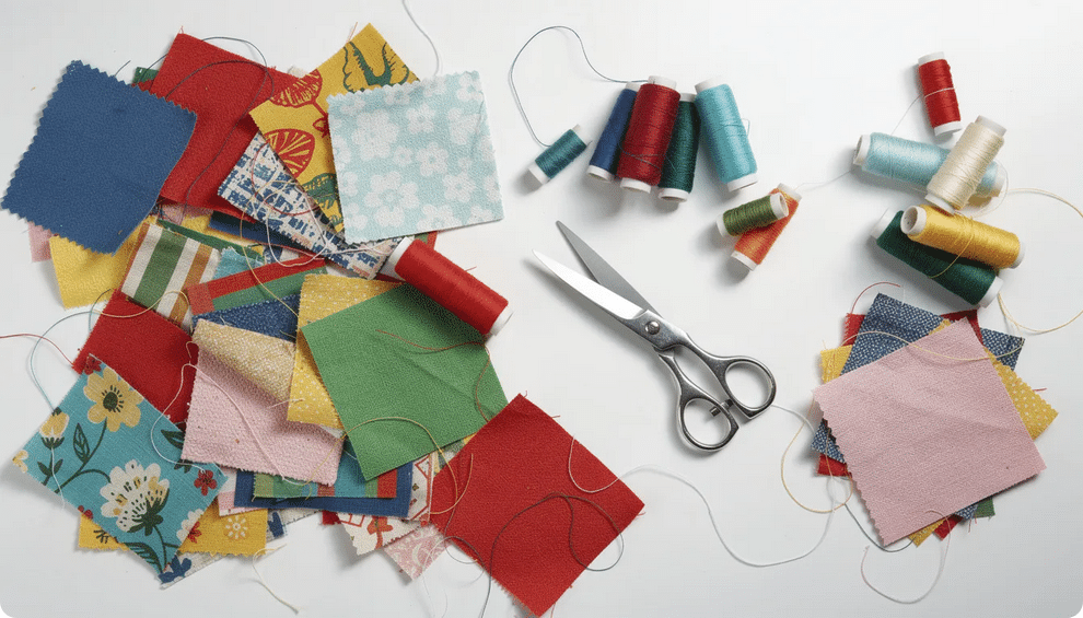 The image features a collection of colorful fabric scraps, various thread spools, and a pair of scissors neatly arranged on a white table, perfect for creating handmade birthday cards or sewing projects. This vibrant display of materials inspires creativity for making super cute greeting cards and other homemade crafts.