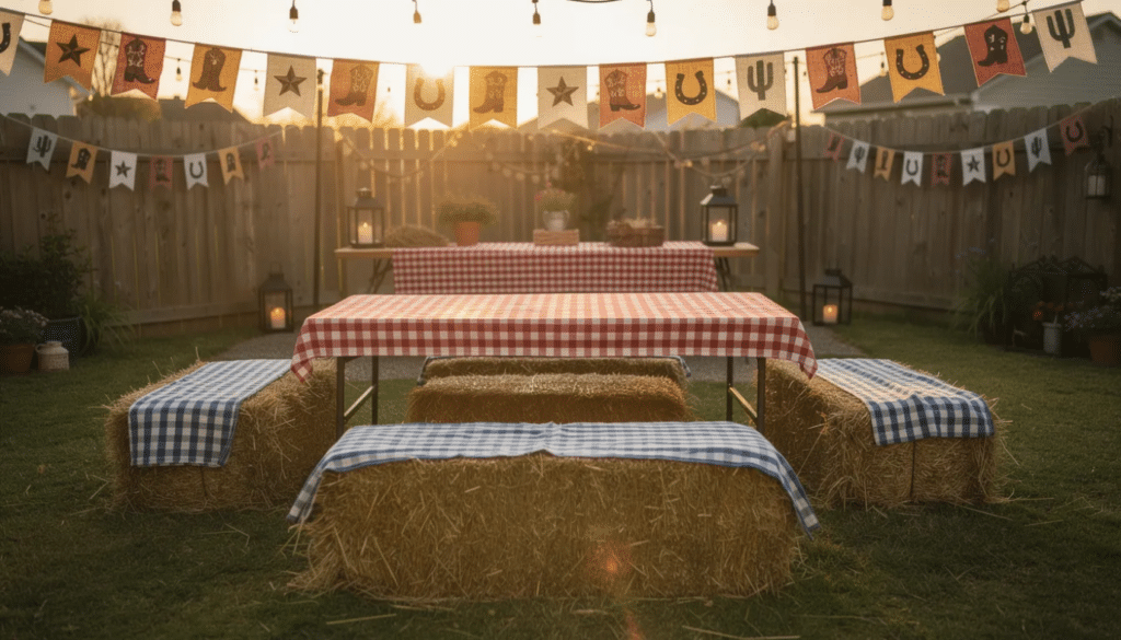 Festive Garden The image depicts a backyard transformed into a festive scene for a birthday party, featuring hay bales, checkered tablecloths, and Western-themed bunting. Twinkling fairy lights add a magical touch, creating a fun atmosphere for kids and friends to celebrate together.