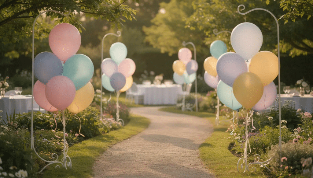 Garden Party Balloon A charming garden party pathway is adorned with clusters of pastel balloon decorations on shepherd's hooks, creating a whimsical atmosphere for guests. The colorful balloons serve as delightful decorative elements, enhancing the outdoor event's festive theme.