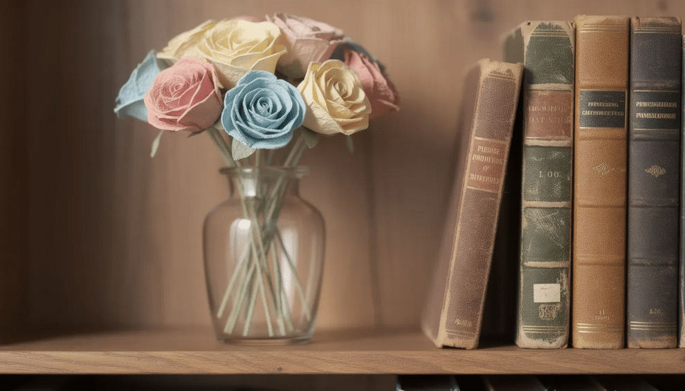 A collection of colorful paper flowers, including paper roses, is elegantly arranged in a glass vase on a wooden bookshelf, accompanied by vintage books. This charming display adds a lovely touch of handmade home decor that combines beauty and creativity.