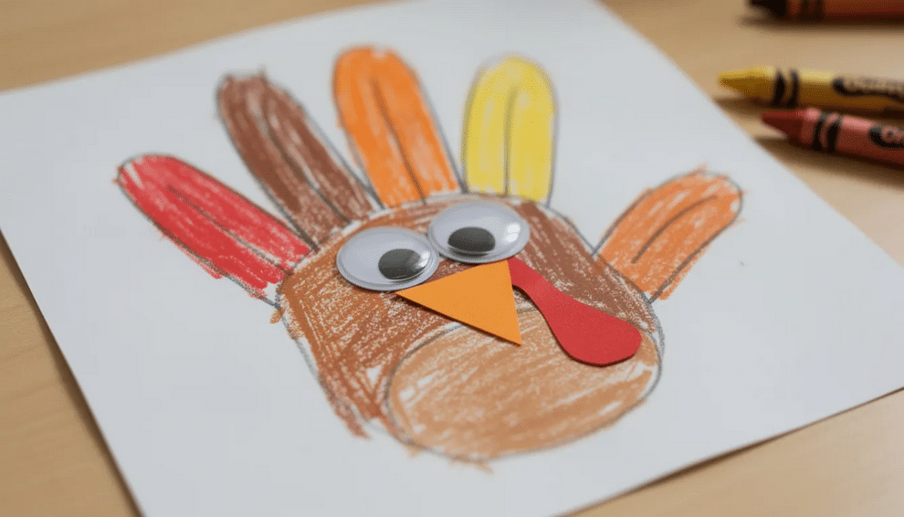 Hand Turkey Craft A close-up view of a completed hand turkey craft features googly eyes, an orange beak, and a red wattle, showcasing the creativity of kids' handprints. This adorable turkey face, made from construction paper, is a fun Thanksgiving craft that captures the essence of childhood creativity.