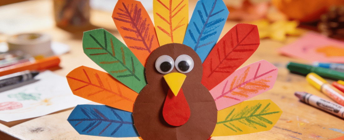 Hand Turkey Craft Kids A cute hand turkey craft on a table.