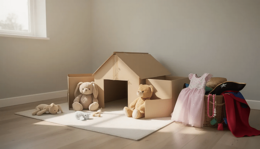 The image depicts a cozy home play corner filled with cardboard boxes, colorful dress-up clothes, and a variety of stuffed animals, creating a safe space for children to engage in imaginative play. This setup encourages pretend play scenarios that foster creativity, social skills, and emotional development as kids explore different roles and create stories together.