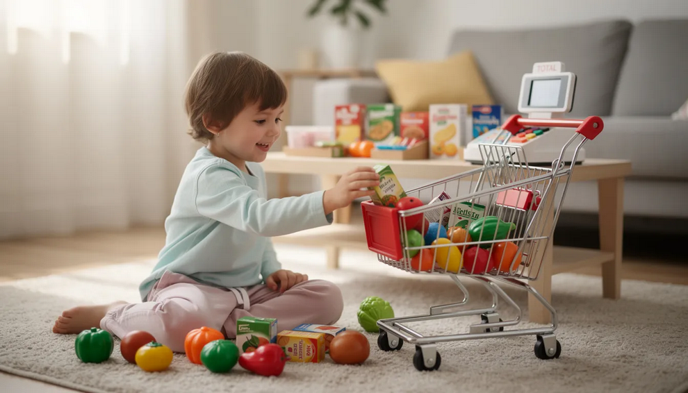 A young child is joyfully engaged in imaginative play, pretending to run a grocery store with colorful toy food items and a small shopping cart. This pretend play scenario fosters creativity, social skills, and emotional development as the child explores different roles and creates stories in a safe space.