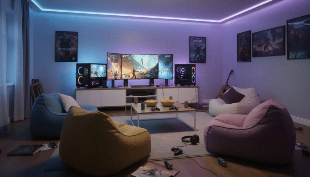 Living Room Cozy The image depicts a cozy living room transformed into a vibrant party venue, featuring colorful LED strip lights and beanbags scattered around. Multiple gaming screens are set up for entertainment, creating a fun atmosphere perfect for celebrating a birthday party with friends.