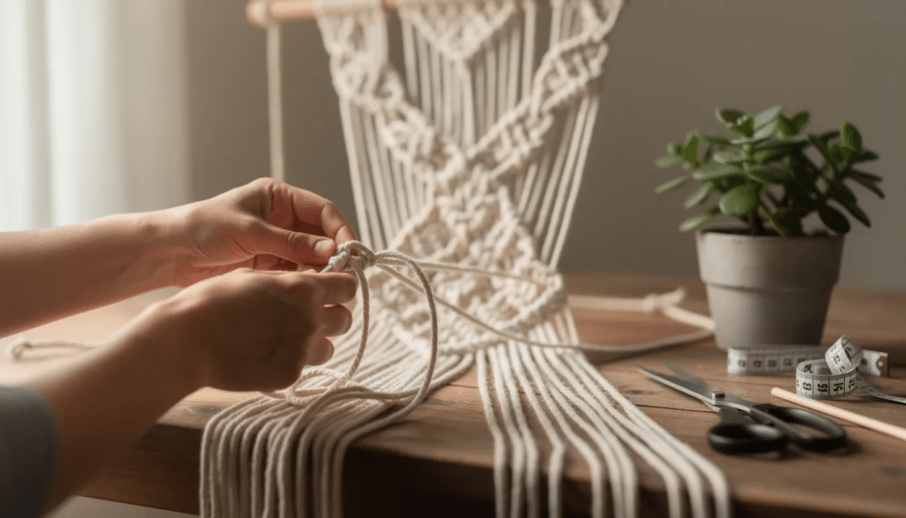 A pair of hands skillfully tying macramé knots with natural cotton cord, creating a partially completed plant hanger that showcases the beauty of traditional craft. This image captures the essence of crafting skills and the creative journey involved in DIY projects.