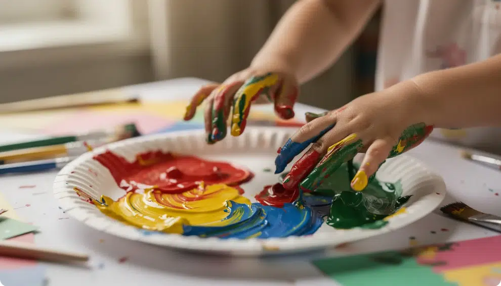 A close-up view showcases small hands joyfully mixing vibrant paint colors on a paper plate palette, highlighting the creative process of young artists in an art class. This hands-on experience fosters fine motor skills and self-expression as children explore various painting techniques.