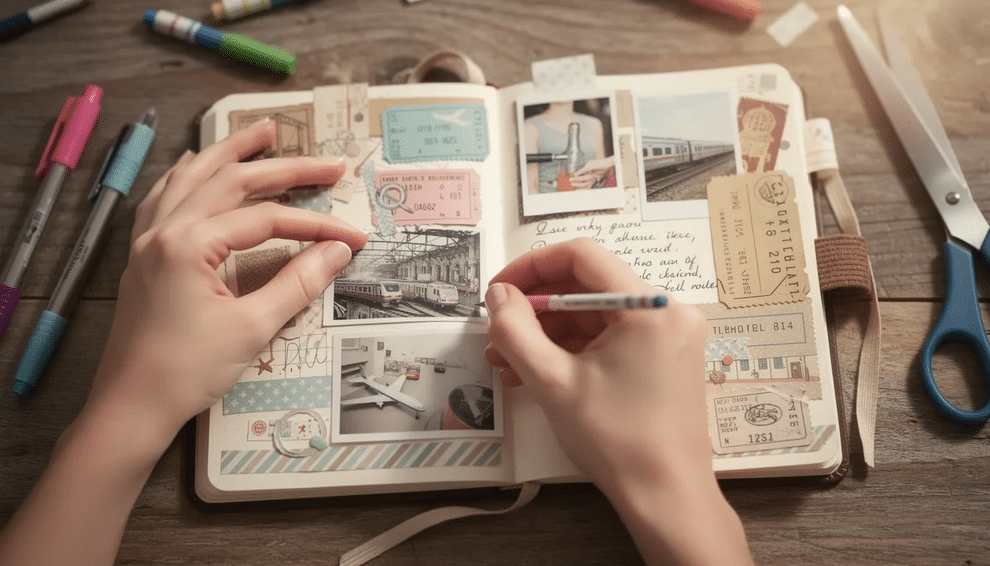 Notebook Photo A person's hands are seen working on a small traveler's notebook filled with photos, tickets, and decorative paper, showcasing a creative outlet for preserving memories. This scrapbooking project features washi tape and patterned paper, highlighting the joy of using various scrapbook supplies to create keepsakes for future generations.