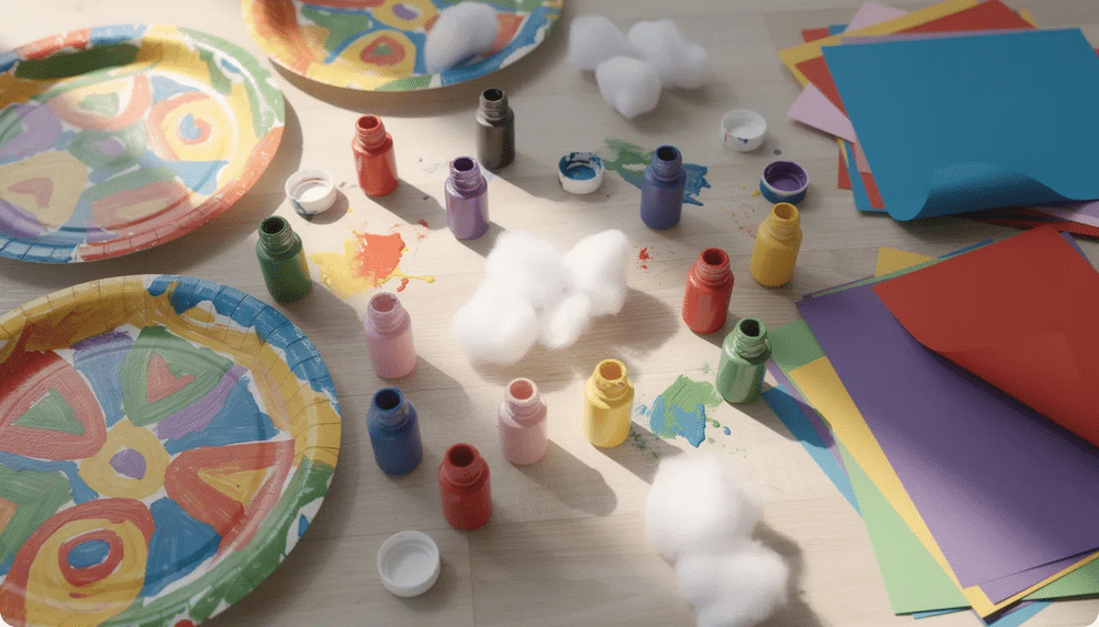 Paint Bottles A vibrant array of craft supplies is spread across a table, featuring colorful paper plates, paint bottles, cotton balls, and construction paper, perfect for creating fun spring paper plate crafts for preschoolers. This image showcases the ideal materials for little hands to engage in simple and adorable spring crafts.