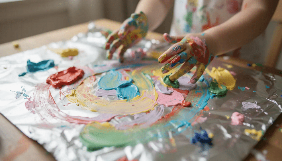 A young child's hands are covered in vibrant colors as they joyfully finger paint on a smooth aluminum foil surface, creating a unique painting activity. This engaging art experience not only fosters fine motor skills and hand-eye coordination but also allows for creative exploration and sensory enjoyment.