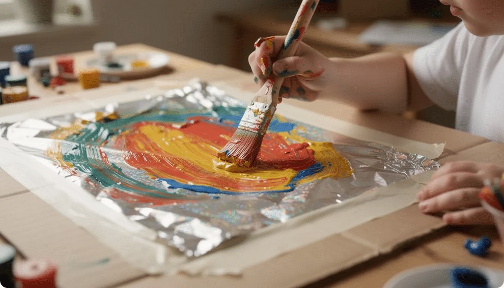A child is joyfully using a thick paintbrush to apply vibrant colors onto a sheet of aluminum foil that is taped to a piece of cardboard, engaging in a unique foil painting activity that enhances their fine motor skills and creativity. This fun art activity allows for exploration of colors and textures, making it a wonderful sensory experience for kids.
